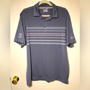 Under Armour golf shirt large gray w/pink and gray stripe. Logo on sleeve